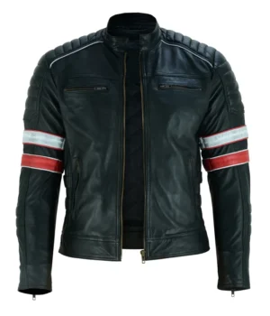  Black Cafe Racer Striped Leather Jacket Motorcycle