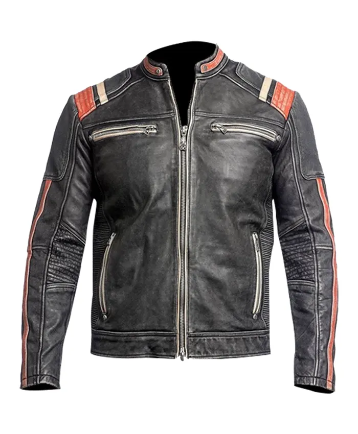 James Men’s Brown Striped Cafe Racer Leather Jacket James Men’s Brown Striped Cafe Racer Leather Jacket