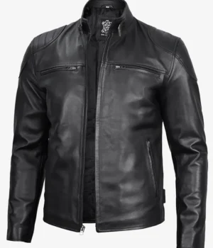  Men’s Black Cafe Racer Leather Jacket With Zipper Closure