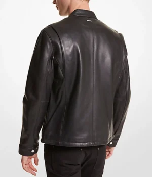  Men’s Black Leather Motorcycle Jacket With Snap Tab Collar