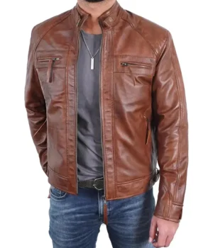  Men’s Brown Quilted Shoulders Cafe Racer Cognac Leather Jacket