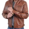  Men’s Brown Quilted Shoulders Cafe Racer Cognac Leather Jacket