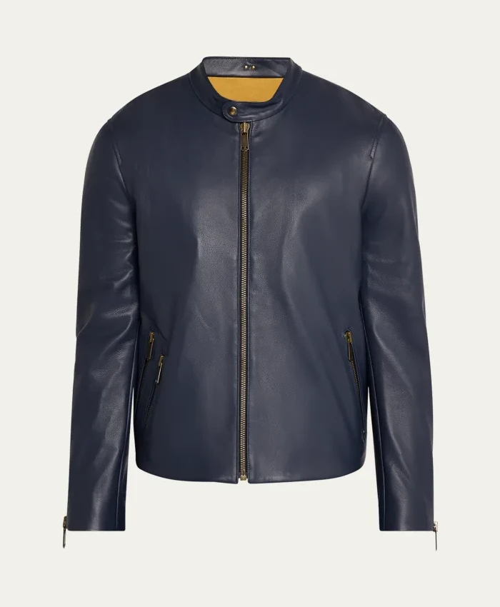 Men’s Crest Blue Cafe Leather Racer Jacket Men’s Crest Blue Cafe Leather Racer Jacket