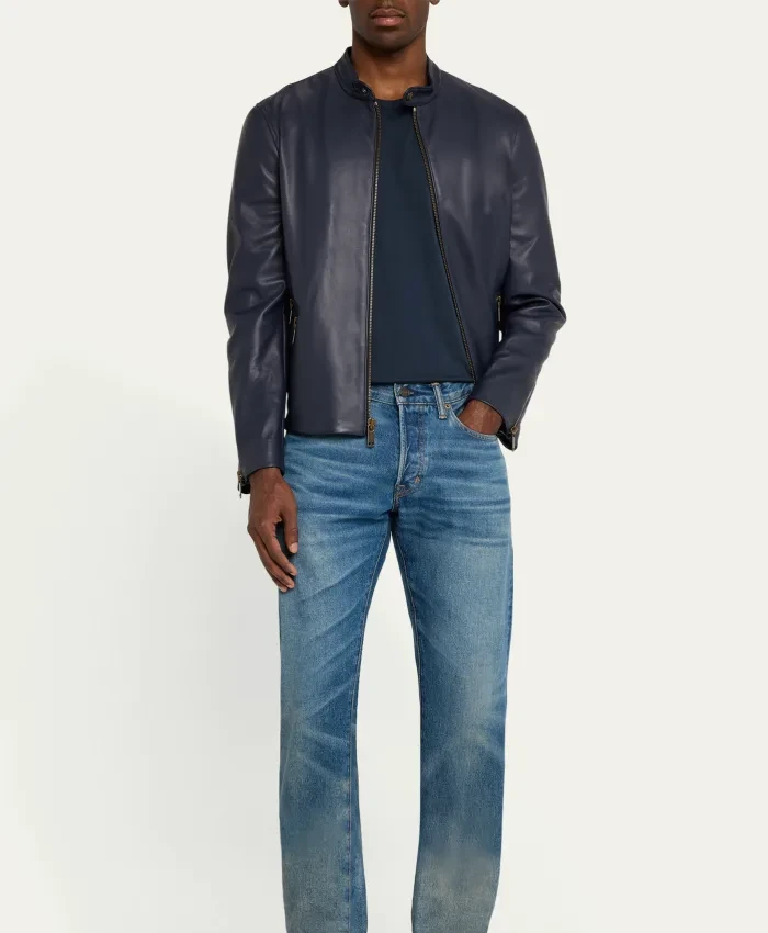 Men’s Crest Blue Cafe Leather Racer Jacket Men’s Crest Blue Cafe Leather Racer Jacket