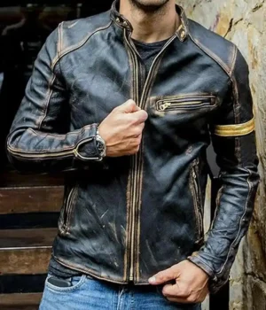  Men’s Real Leather Black Distressed Moto Jacket