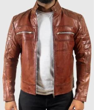  Quilted Brown Men’s Motorcycle Cafe Racer Leather Jacket
