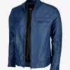  Mens Blue Cafe Racer Leather Jacket