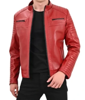  Red Mens Cafe Racer Leather Quilted Jacket