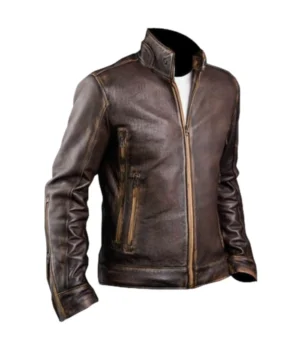  Vinatge Men’s Brown Cafe Racer Stand-Up Collar Jacket