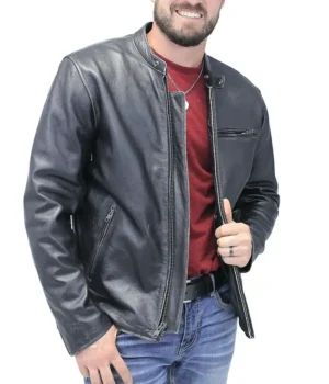  Vintage Black Motorcycle Leather Jacket For Mens