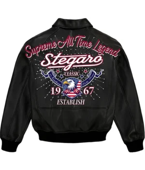  Stegaro Black Real Leather Bomber Jacket
