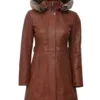 Women's Hooded Brown Leather Long Shearling Coats product image