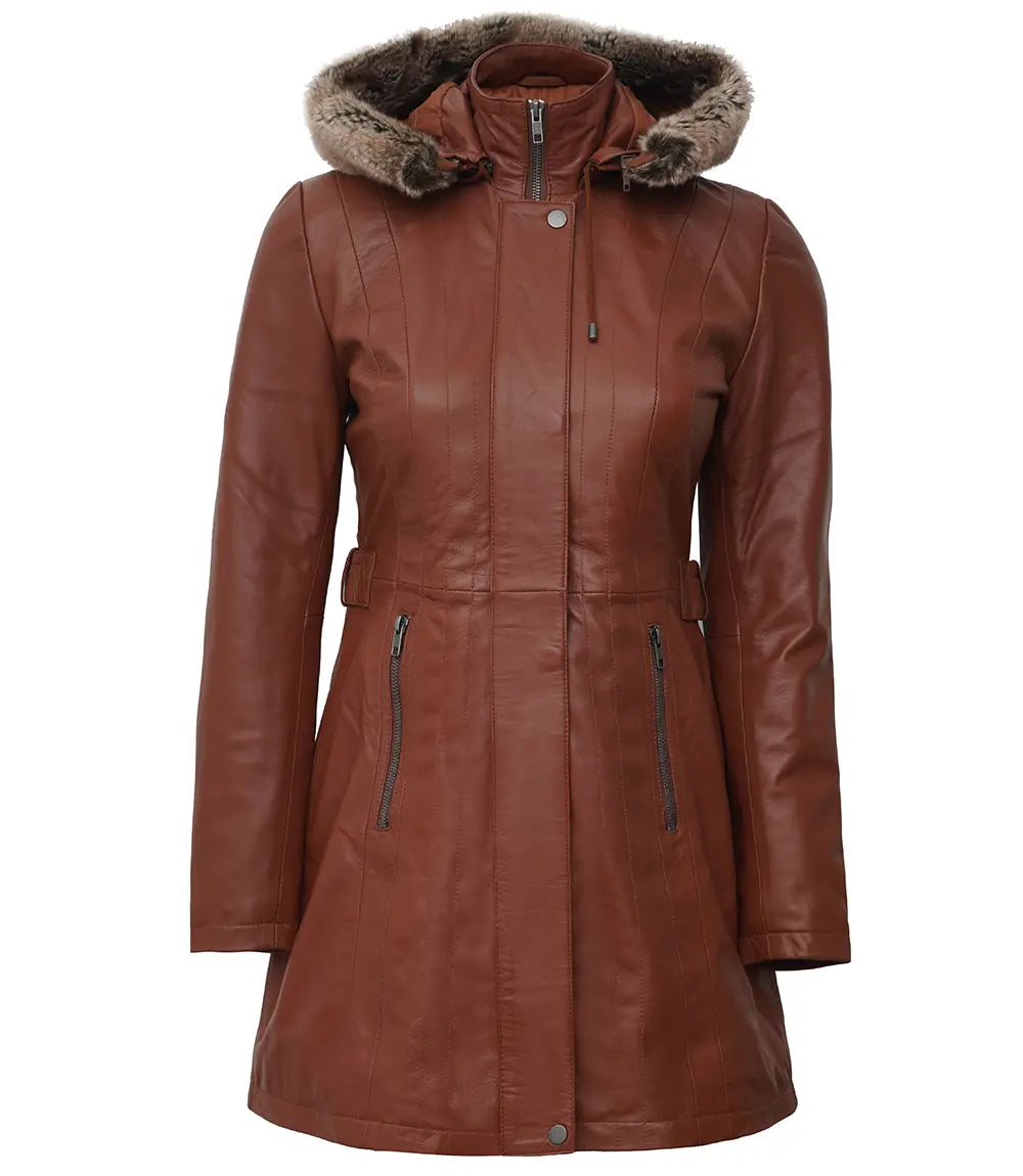 Women's Hooded Brown Leather Long Shearling Coats Women's Hooded Brown Leather Long Shearling Coats product image