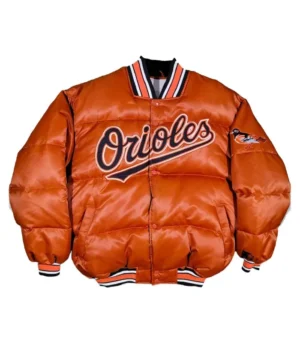 90’s Baltimore Orioles Orange Satin Puffer Jacket product image
