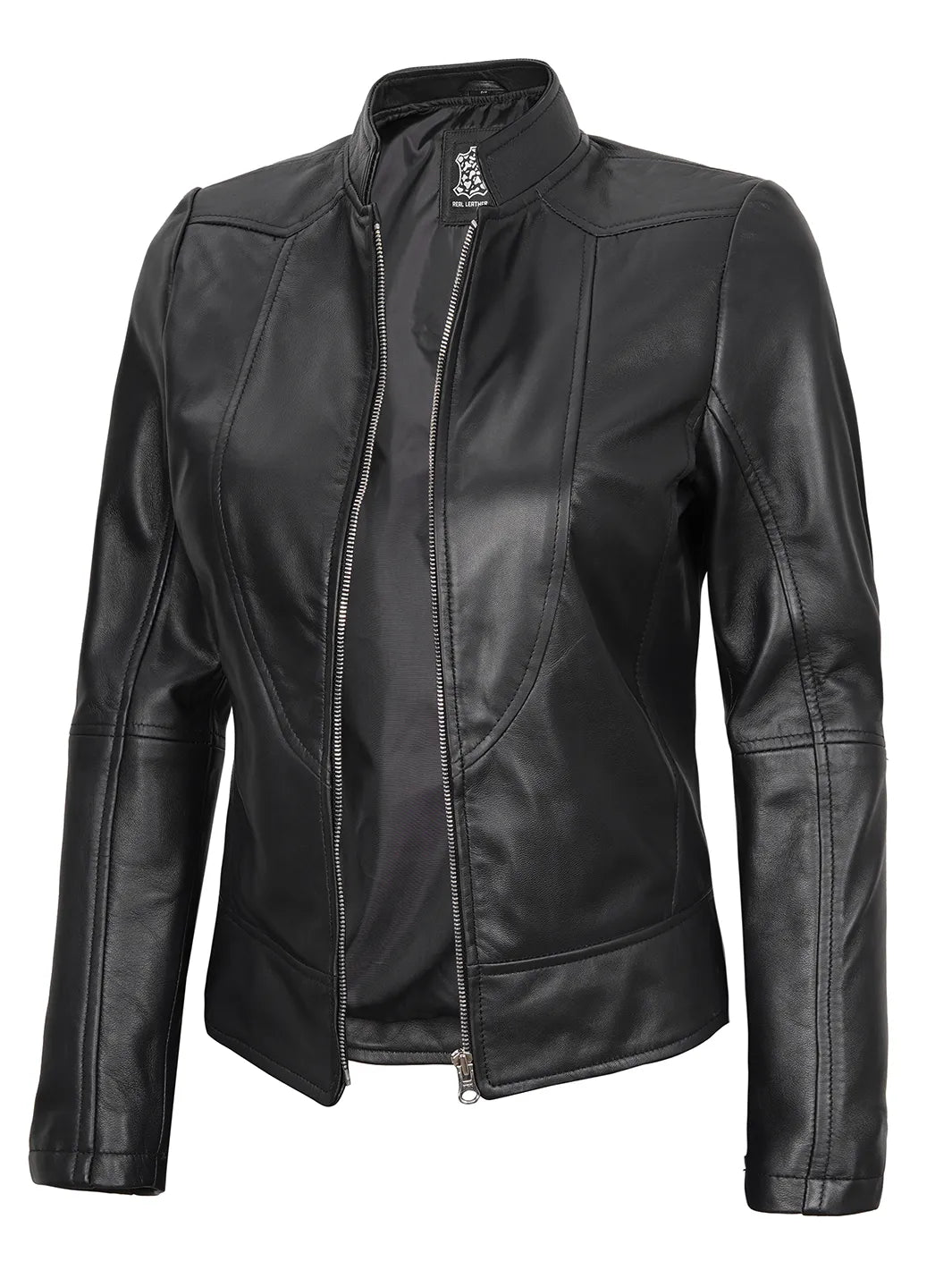 Amy Women's Black Cafe Racer Leather Jacket Amy Women's Black Cafe Racer Leather Jacket product image