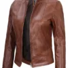 Amy Women Cognac Brown Cafe Racer Leather Jacket product image