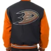 Anaheim Ducks Black and Orange Wool/Leather Varsity Jacket Anaheim Ducks Black and Orange Wool/Leather Varsity Jacket product image