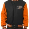 Anaheim Ducks Black and Orange Wool/Leather Varsity Jacket product image