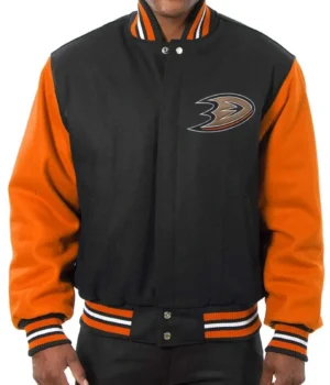 Anaheim Ducks Black and Orange Wool/Leather Varsity Jacket product image