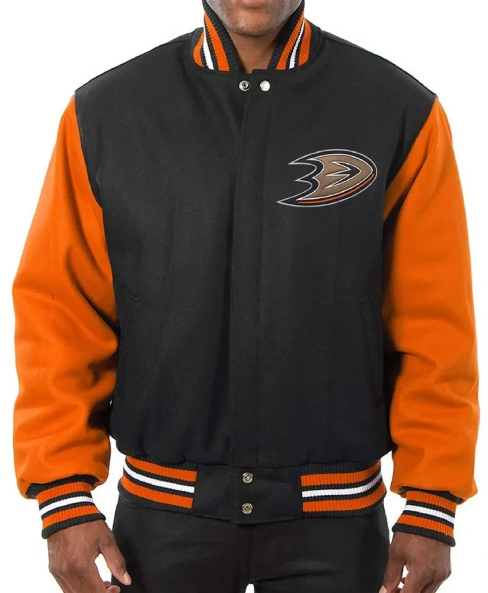 Anaheim Ducks Black and Orange Wool/Leather Varsity Jacket Anaheim Ducks Black and Orange Wool/Leather Varsity Jacket product image