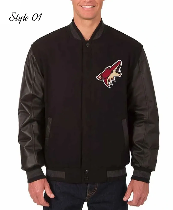 Arizona Coyotes Black Wool and Leather Varsity Jacket Arizona Coyotes Black Wool and Leather Varsity Jacket product image