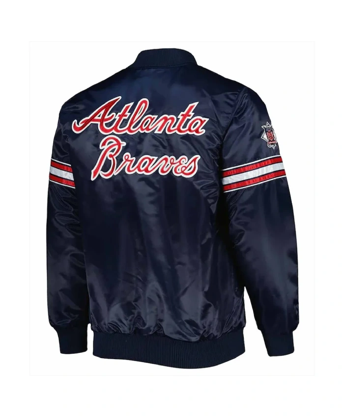 Atlanta Braves Navy Pick & Roll Varsity Satin Jacket Atlanta Braves Navy Pick & Roll Varsity Satin Jacket product image
