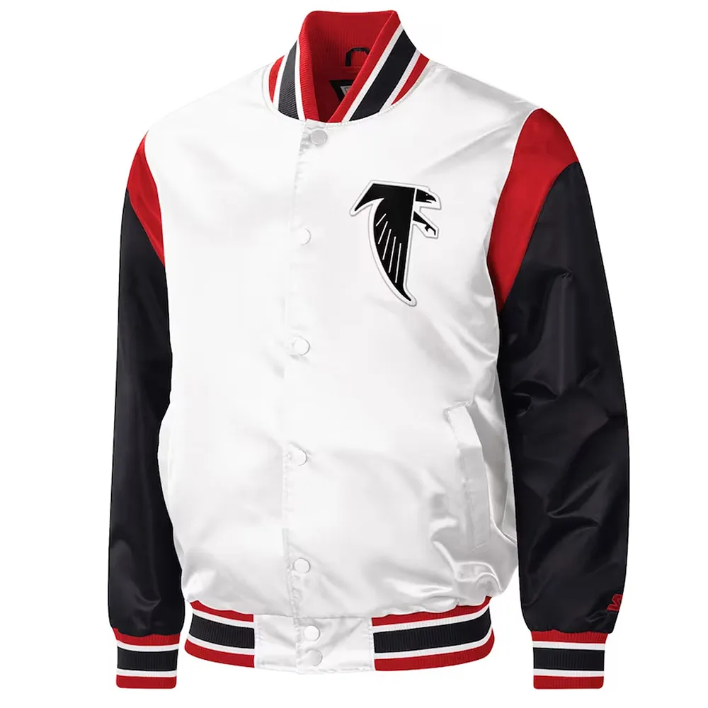 Atlanta Falcons Throwback Warm Up Pitch Varsity White Satin Jacket Atlanta Falcons Throwback Warm Up Pitch Varsity White Satin Jacket product image