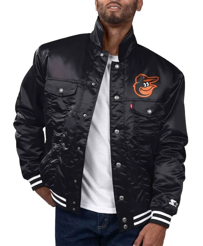 Baltimore Orioles Black Silver Tab Trucker Satin Jacket Baltimore Orioles Black Silver Tab Trucker Satin Jacket product image