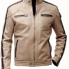 Beige Leather Jacket Mens Cafe Racer Striped Biker Stand Up Collar product image