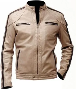Beige Leather Jacket Mens Cafe Racer Striped Biker Stand Up Collar product image