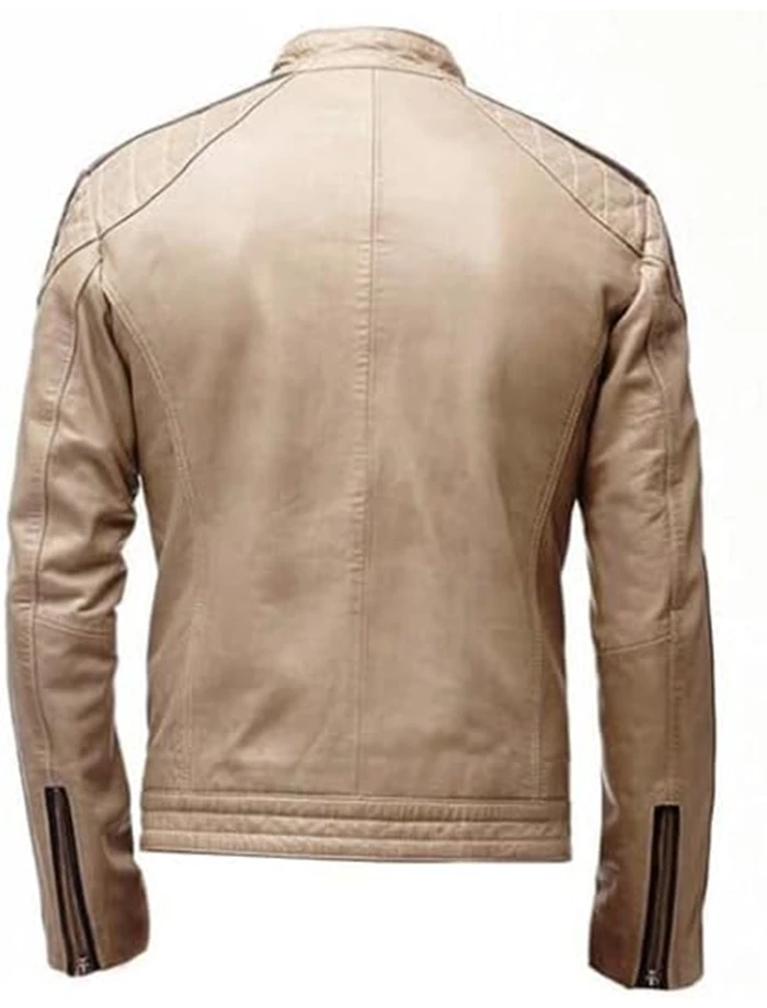 Beige Leather Jacket Mens Cafe Racer Striped Biker Stand Up Collar Beige Leather Jacket Mens Cafe Racer Striped Biker Stand Up Collar product image