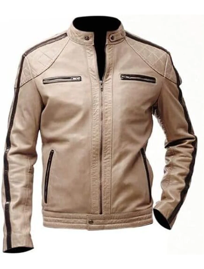 Beige Leather Jacket Mens Cafe Racer Striped Biker Stand Up Collar Beige Leather Jacket Mens Cafe Racer Striped Biker Stand Up Collar product image