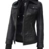 Tall Women's Black Biker Style Leather Jacket with Removable Hood product image