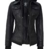 Tall Women's Black Biker Style Leather Jacket with Removable Hood product image