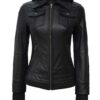 Tall Women's Black Biker Style Leather Jacket with Removable Hood product image