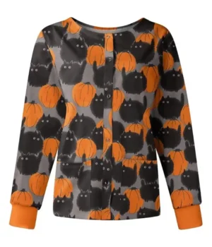 Black Cats with Pumpkin Halloween Scrub Jacket product image