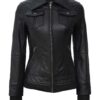 Tall Women's Black Biker Style Leather Jacket with Removable Hood product image
