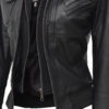 Tall Women's Bomber Black Leather Jacket with Removable Hood product image