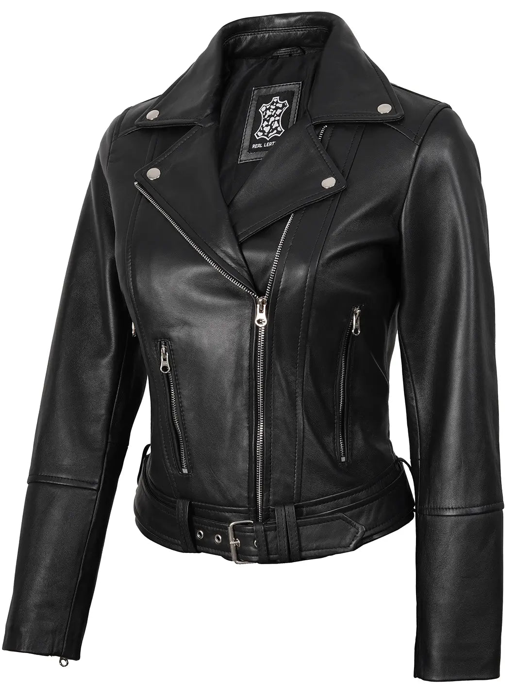 Womens Asymmetrical Black Biker Leather Jacket Womens Asymmetrical Black Biker Leather Jacket product image