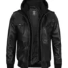 Edinburgh Mens Black Bomber Leather Jacket With Removable Hood product image