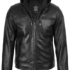 Men's Black Biker Style Leather Jacket with Removable Hood product image