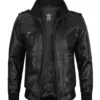 Edinburgh Mens Black Bomber Leather Jacket With Removable Hood product image