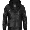 Edinburgh Mens Black Bomber Leather Jacket With Removable Hood product image