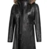 Women’s Black Real Lambskin Leather Hooded Shearling Coat product image