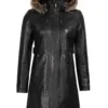 Women’s Black Real Lambskin Leather Hooded Shearling Coat product image