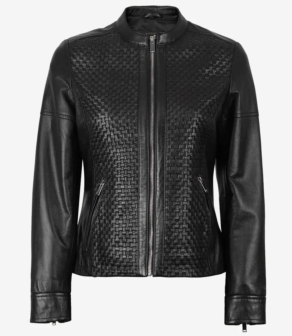 Women's Black Textured Cafe Racer Leather Jacket Women's Black Textured Cafe Racer Leather Jacket product image