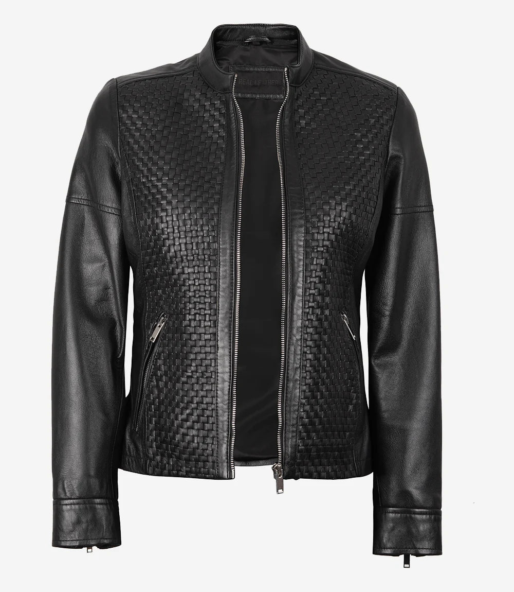 Women's Black Textured Cafe Racer Leather Jacket Women's Black Textured Cafe Racer Leather Jacket product image