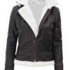 Womens Shearling Dark Brown Bomber Leather Jacket with Removable Hood product image