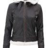 Womens Shearling Dark Brown Bomber Leather Jacket with Removable Hood product image