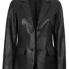 Women's Black Two-Button Real Leather Blazer product image